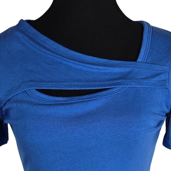 NWOT | Royal Blue Ribbed Knit Short Sleeve Top Asymmetrical Cutout | Medium - Picture 3 of 5